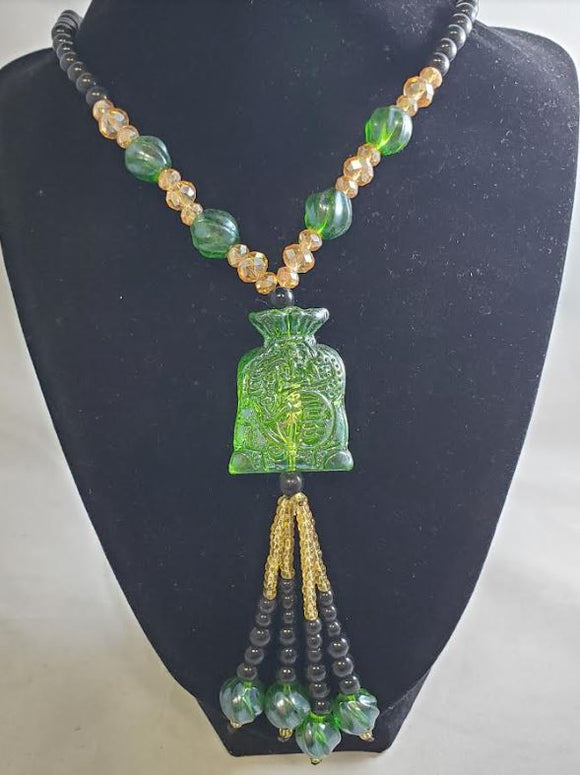 AZ13 Black Bead Green Money Bag Glass Long Necklace With Free Earrings - Iris Fashion Jewelry