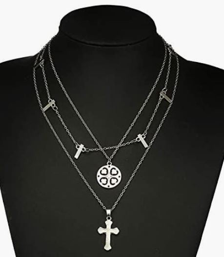 N1107 Silver Multi Layer Cross Necklace with FREE Earrings
