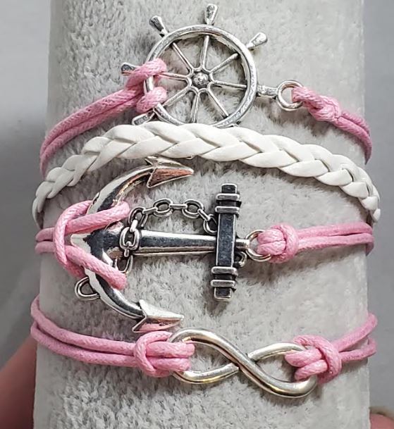 AZ165 Pink & White Ship Wheel Anchor Infinity Leather Layer Bracelet