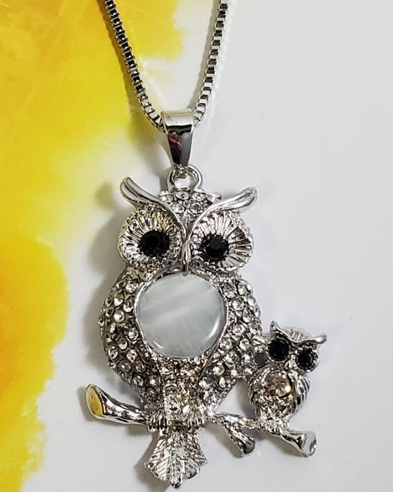 AZ259 Silver Moonstone Rhinestone Owl Necklace with FREE EARRINGS