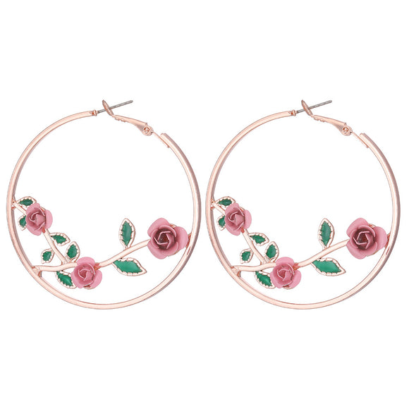 E400 Rose Gold Pink Rose Hoop Earrings - Iris Fashion Jewelry