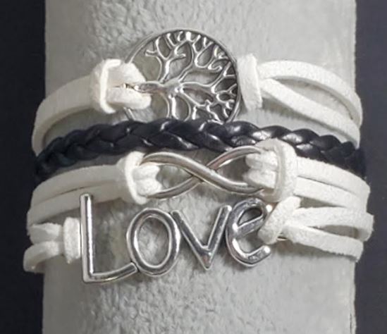 AZ658 White & Black Tree of Life Love Infinity Leather Layer Bracelet