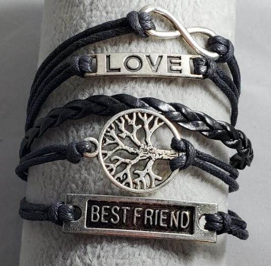 AZ994 Black Bestfriend Tree Infinity Layer Leather Bracelet