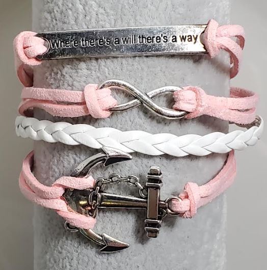 AZ1104 Pink & White Where There's a Will There's a Way Anchor Infinity Layer Leather Bracelet