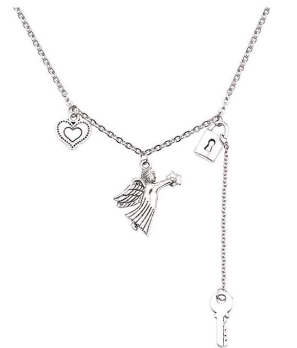 AZ959 Silver Heart Angel Lock & Key Necklace with Free Earrings