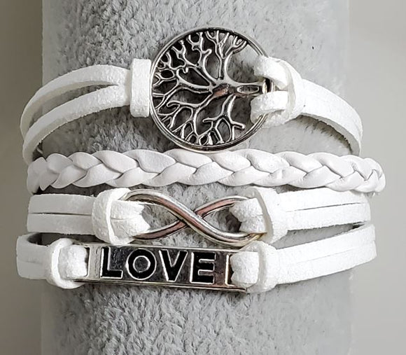 AZ584 White Tree of Life Love Infinity Leather Layer Bracelet