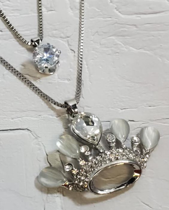 AZ812 Silver Moonstone & Rhinestone Crown Necklace with FREE EARRINGS