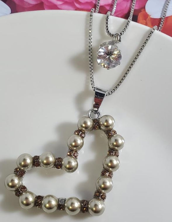 AZ240 Silver Champagne Pearl & Rhinestone Heart Necklace with FREE EARRINGS