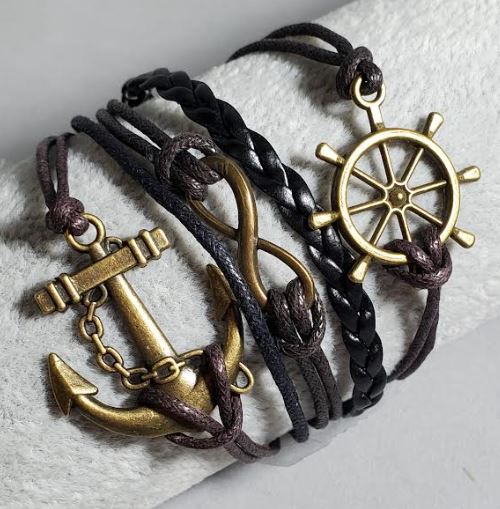 B08 Brown & Black Anchor Ship Wheel Infinity Leather Bracelet - Iris Fashion Jewelry
