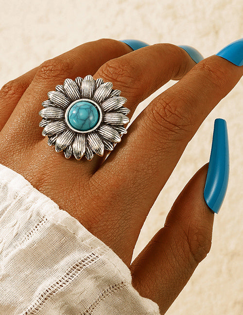 R487 Silver Flower Turquoise Stone Ring - Iris Fashion Jewelry