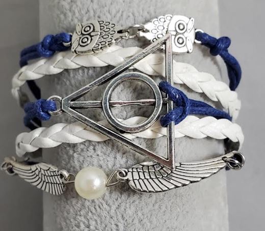 AZ1297 Blue & White Owl Wing Deathly Hallows Infinity Layer Leather Bracelet