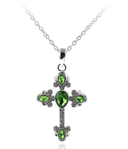 N473 Silver Green Gem Rhinestone Cross Necklace with FREE EARRINGS