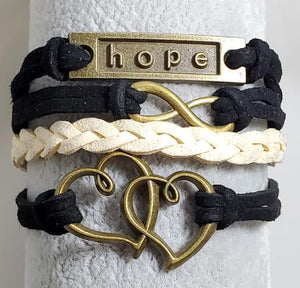 AZ1105 Black & Beige Hope Heart Infinity Layer Leather Bracelet