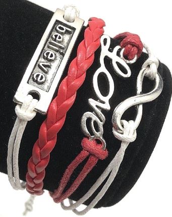 AZ1321 White & Red Believe Love Infinity Layer Leather Bracelet