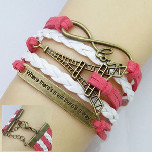 B1052 Pink & White Love Eiffel Tower Where There's a Will There's a Way Leather Bracelet - Iris Fashion Jewelry