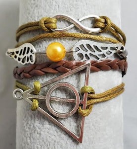 AZ1468 Brown Wing Deathly Hallows Infinity Layer Leather Bracelet