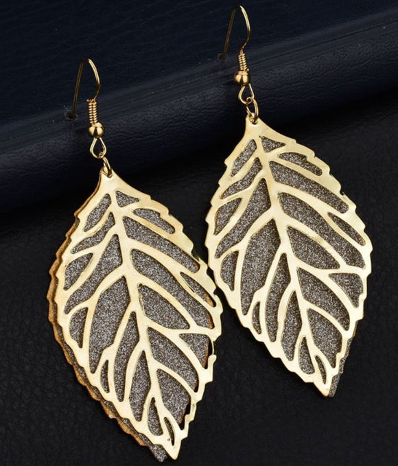 E82 Gold Silver Glitter Metal Leaf Earrings