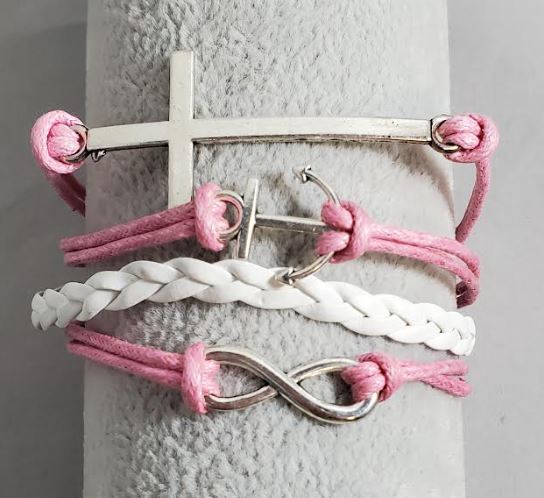 AZ1183 Light Pink & White Cross Anchor Infinity Layer Leather Bracelet