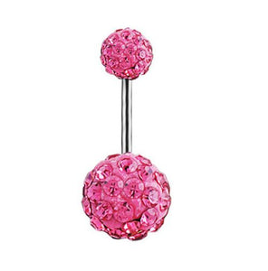 P127 Silver Double Ball Pink Gems Belly Button Ring - Iris Fashion Jewelry