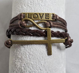 AZ1482 Brown Love Cross Infinity Layer Leather Bracelet