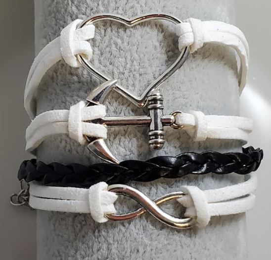 AZ1107 White & Black Heart Anchor Infinity Layer Leather Bracelet