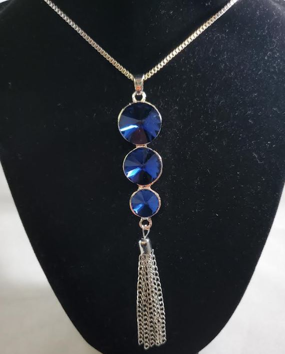 AZ280 Silver Blue Triple Gemstone Tassel Necklace with FREE EARRINGS