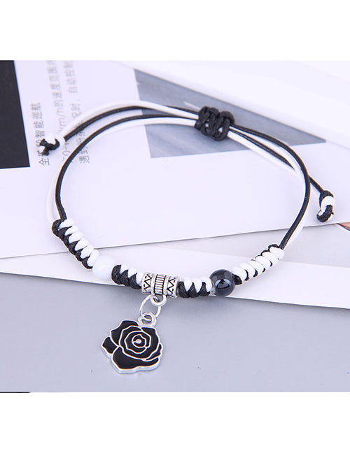 B566 Silver Black & White Cord Rose Bracelet - Iris Fashion Jewelry