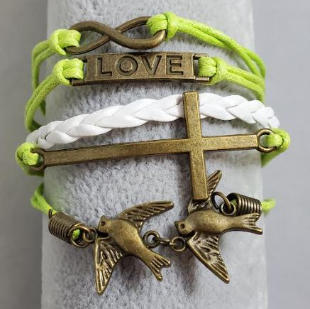 AZ1362 Lime Green & White Love Cross Dove Infinity Layer Leather Bracelet