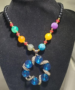 N2167 Multi Color Bead Blue Gemstone Necklace with Free Earrings - Iris Fashion Jewelry