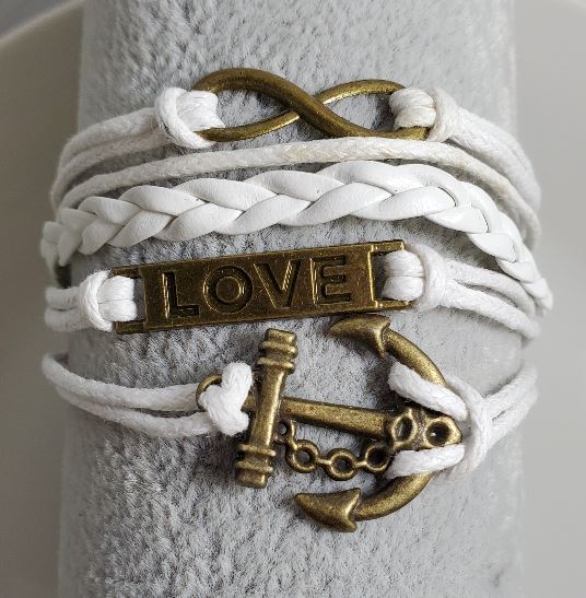 AZ586 White Anchor Love Infinity Leather Layer Bracelet