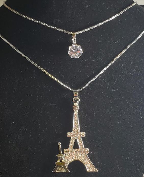 N391 Silver Rhinestone Eiffel Tower Necklace with FREE Earrings - Iris Fashion Jewelry