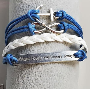 AZ1108 Blue & White Where There's a Will There's a Way Anchor Infinity Layer Leather Bracelet