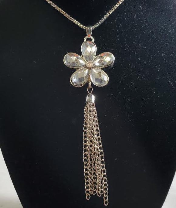 AZ262 Silver Crystal Gemstone Flower Tassel Necklace with FREE EARRINGS