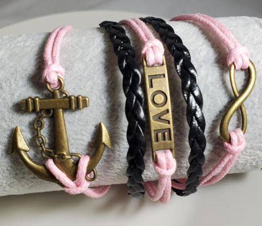 B629 Light Pink & Black Anchor Love Infinity Layer Leather Bracelet - Iris Fashion Jewelry