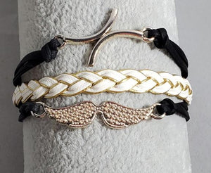 AZ724 Black White Gold Mustache Infinity Leather Layer Bracelet