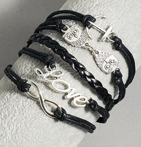 B160 Black Love Owl Anchor Infinity Leather Layer Bracelet