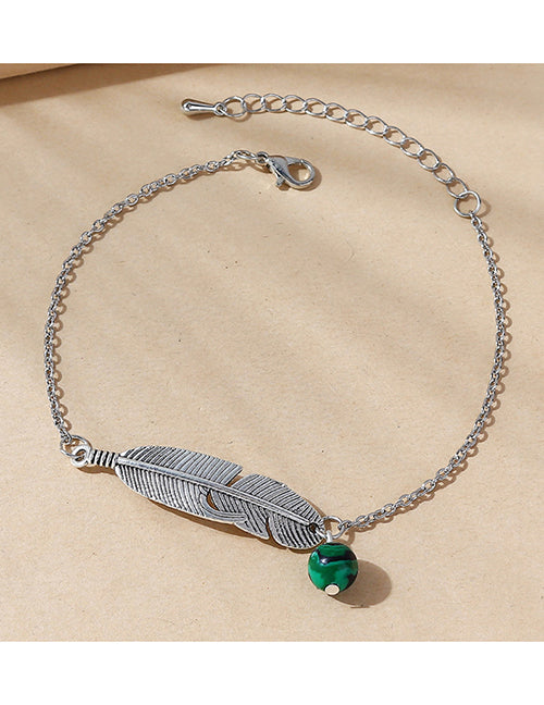 B1273 Silver Feather Green Bead Ankle Bracelet - Iris Fashion Jewelry