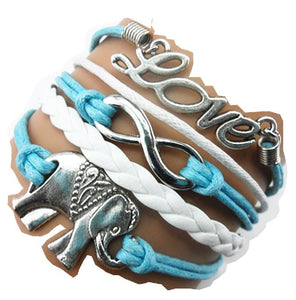 AZ716 Blue & White Elephant Love Infinity Leather Layer Bracelet