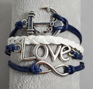 AZ1300 Blue & White Anchor Love Infinity Layer Leather Bracelet