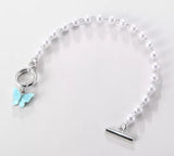 B424 Silver Pearl Light Blue Butterfly Bracelet - Iris Fashion Jewelry