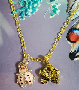 AZ119 Gold Pink Enamel Ladybug Rhinestone Butterfly Necklace with FREE EARRINGS - Iris Fashion Jewelry