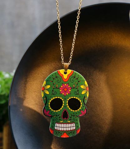 N1653 Green Sugar Skull Acrylic Long Necklace with FREE Earrings