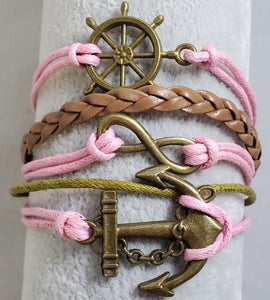 AZ1363 Light Pink & Brown Ship Wheel Anchor Infinity Layer Leather Bracelet