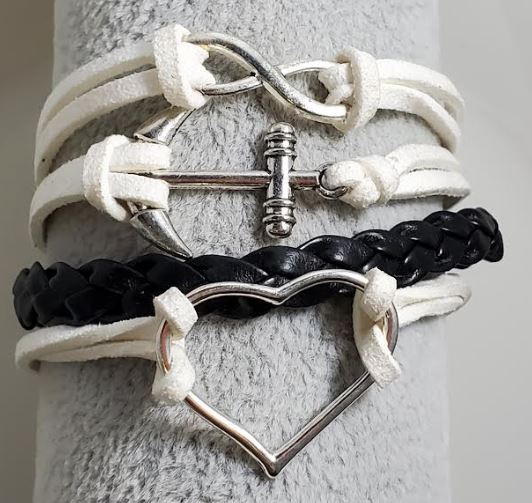 AZ583 White & Black Anchor Heart Infinity Leather Layer Bracelet