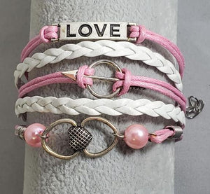 AZ272 Light Pink & White Love Arrow Heart Leather Layer Bracelet