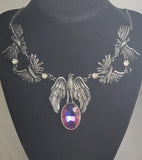 N774 Silver Raven Crow Multi Color Gemstone Necklace with Free Earrings