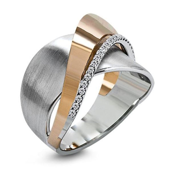 R250 Silver Rose Gold Accent Rhinestone Ring - Iris Fashion Jewelry