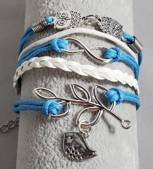 AZ1172 Turquoise Blue & White Owl Leaf Bird Infinity Layer Leather Bracelet