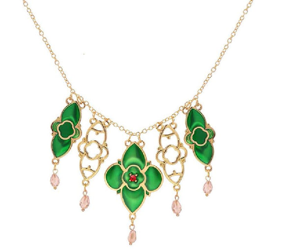 N483 Gold Green Baked Enamel Necklace with FREE EARRINGS