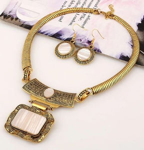 N286 Gold with Pearl Colored Stone Statement Necklace with FREE Earrings
